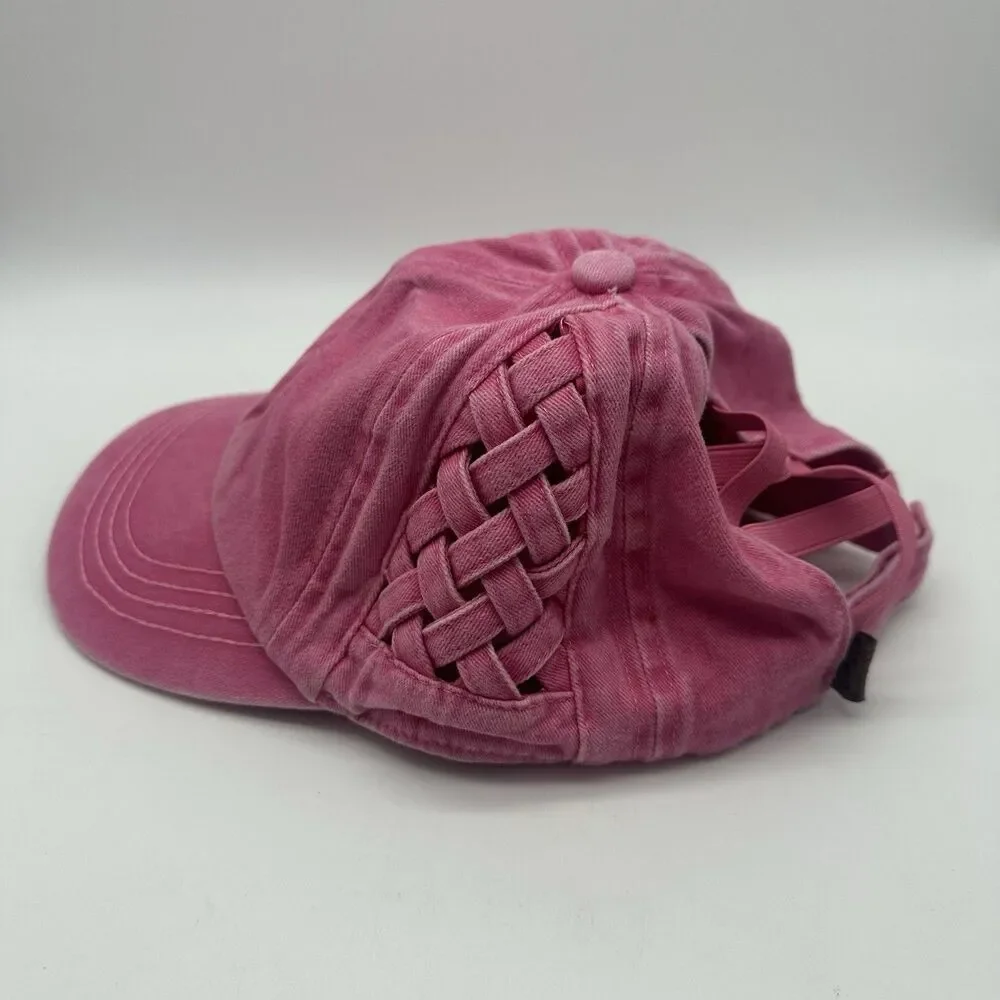 C.C. Womens Criss Cross Ponytail Baseball Cap Basket Weave Pink Messy Bun